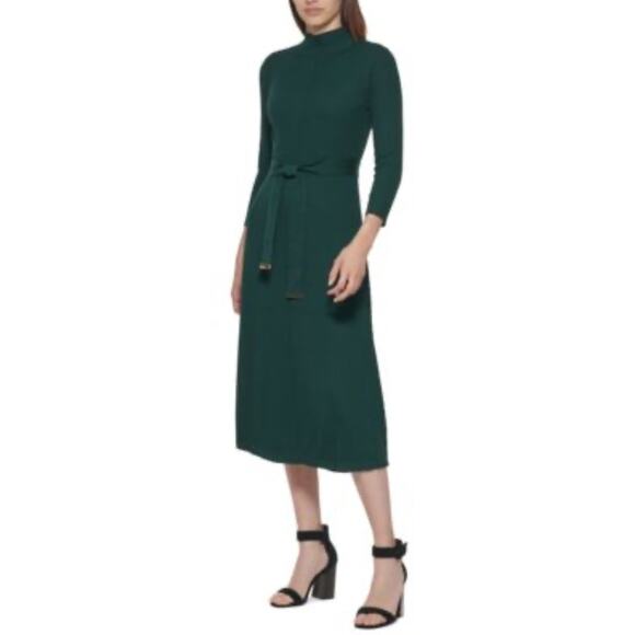 Calvin Klein L Green‎ Ribbed Sweater Midi Dress Mock Neck Belted Knit Careerwear - Picture 1 of 9